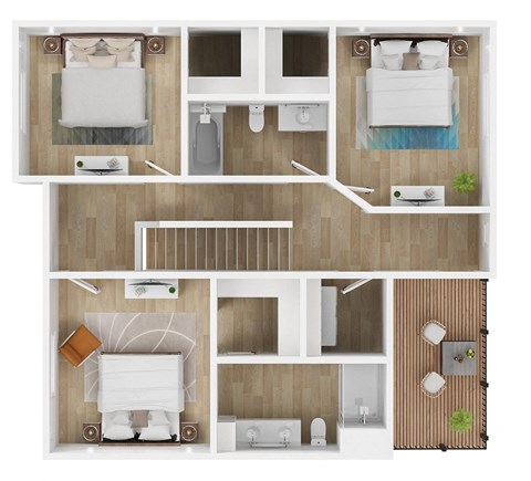 A top-down view of a small apartment with two bedrooms, a living room, and a kitchen.